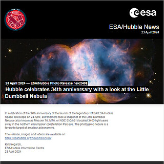 ESA/Hubble Photo Release heic2408 - Hubble celebrates 34th anniversary with a look at the Little Dumbbell Nebula