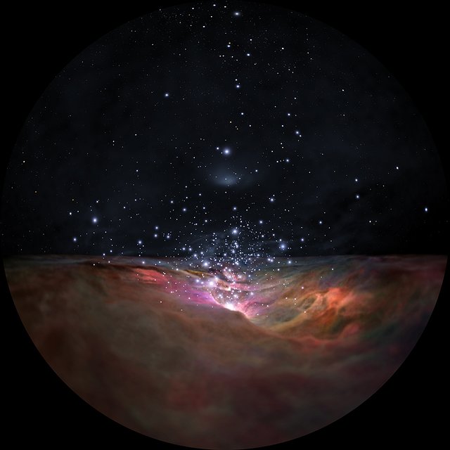 Flight through the Orion Nebula in visible and infrared light — dome version