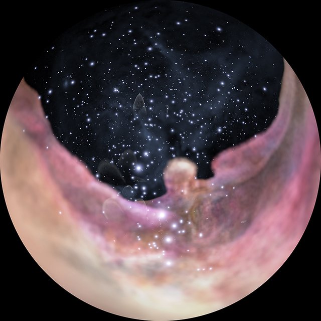 Flight through the Orion Nebula in visible and infrared light — dome version