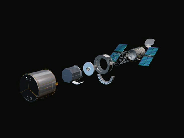 The NASA/ESA Hubble Space Telescope, assembled and in an exploded view