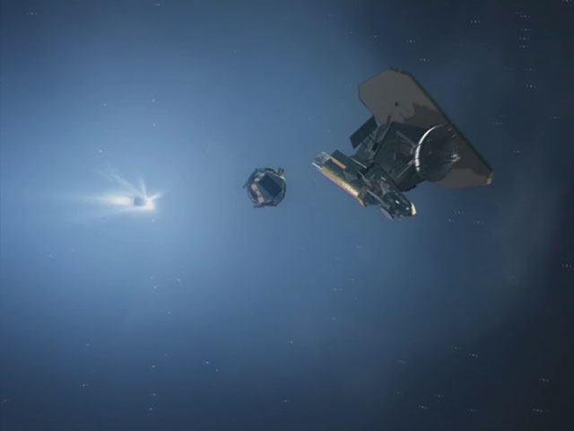 Deep Impact spacecraft passing and releasing the impactor (artist's impression)