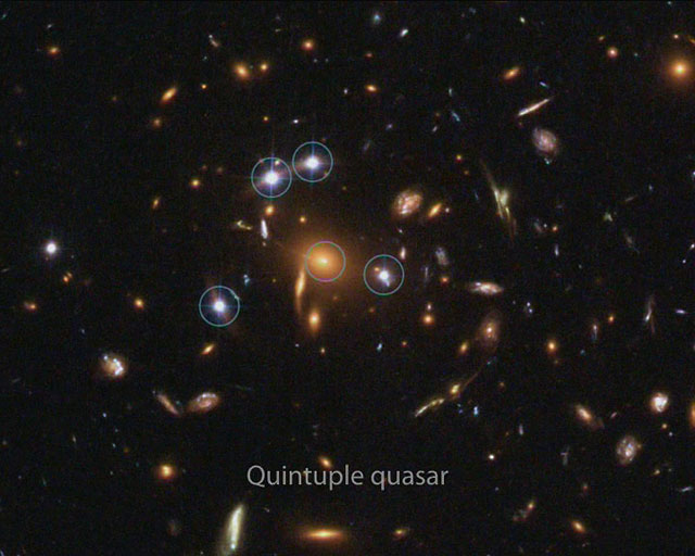 Quintuple quasar galaxy cluster (annotated)