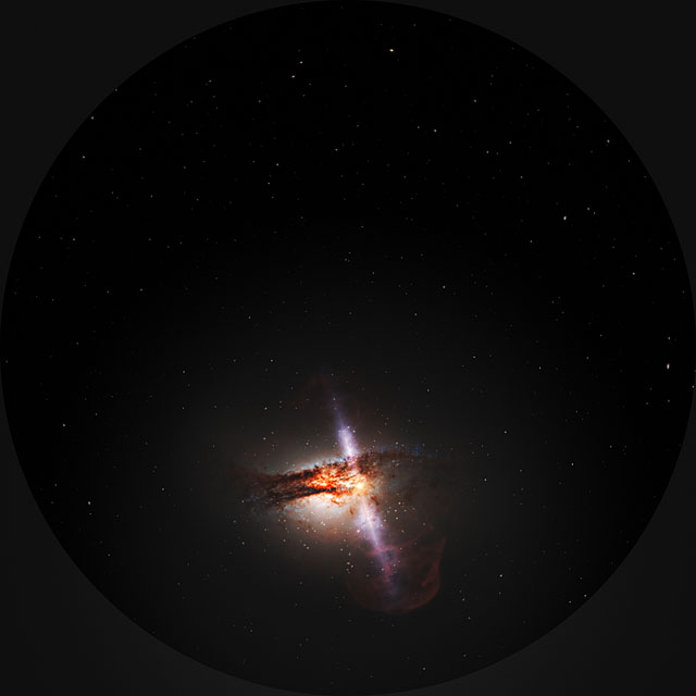 Fulldome clip showing animation of galaxy with jets from a supermassive black hole